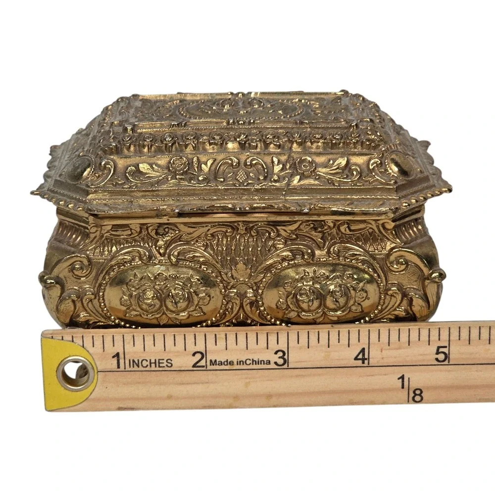Jewelry Box  Gold Ornate Floral Footed Red Velvet Lining Vintage Heavy vtg